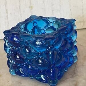 Vintage blue quilted square glass candleholder 2"